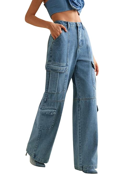 Cargo Jeans for Women – Wide Leg High Waist Baggy Denim Pants | Casual Fit Trousers with Utility Pocket Design
